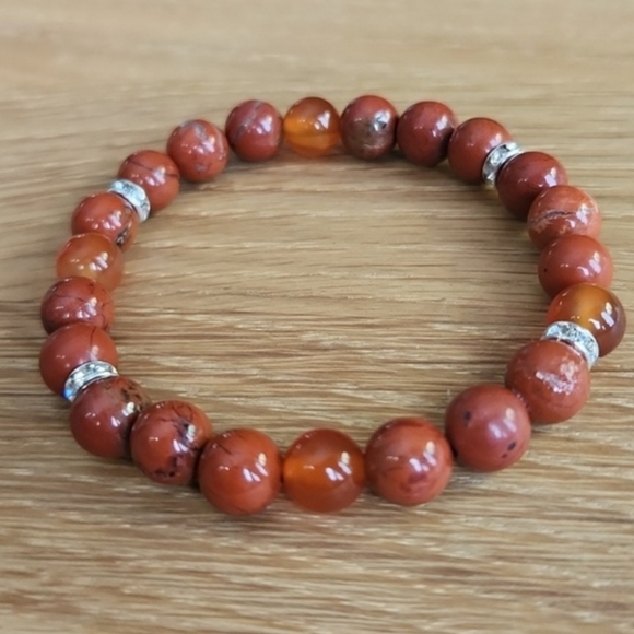 Red Jasper & Carnelian Bead Stretch Hand Crafted Bracelet - Picture 4 of 11